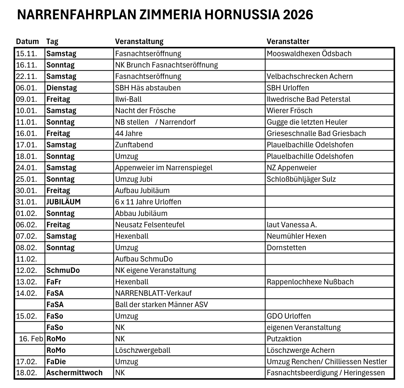 Narrenfahrplan 2026